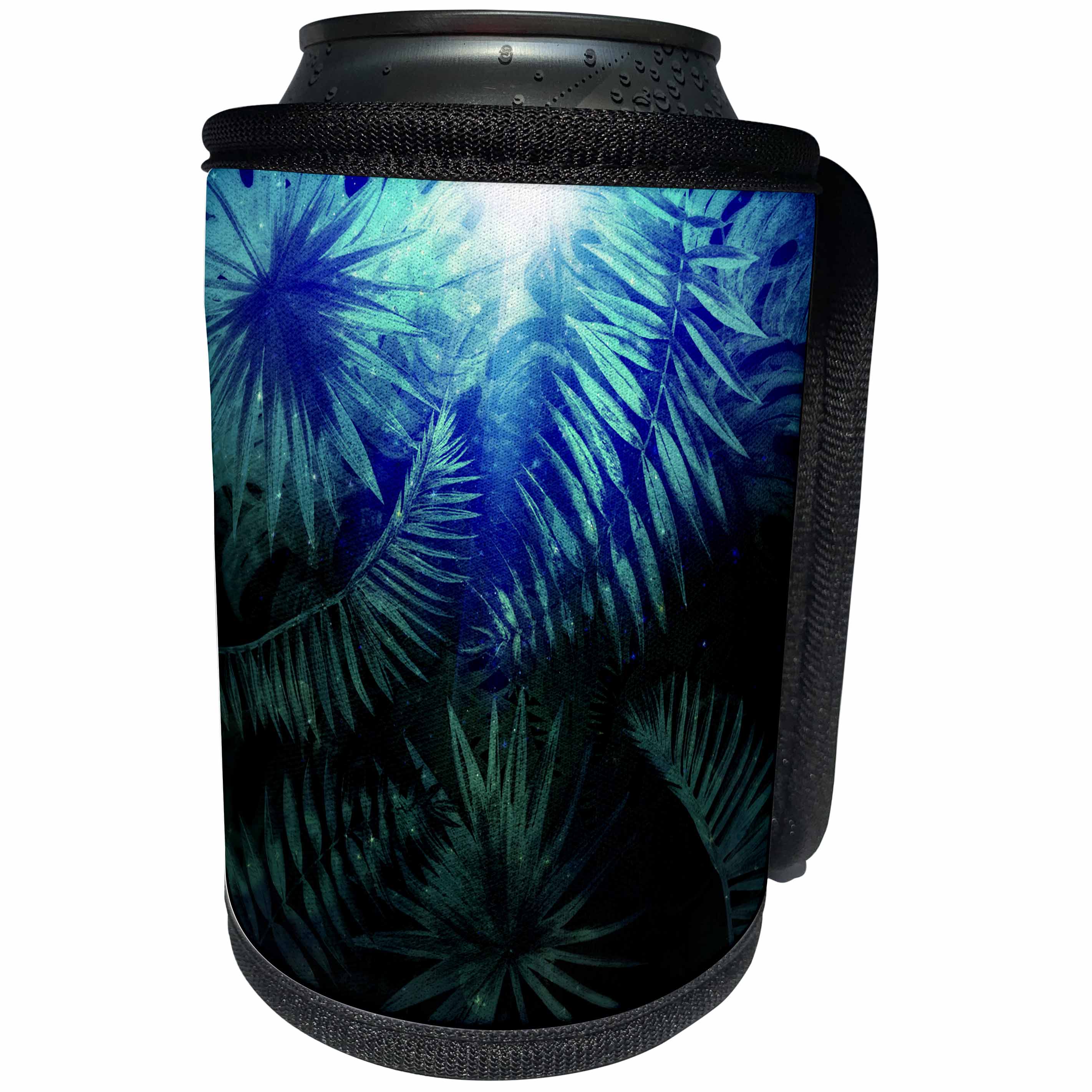 3dRose Uta Naumann Pattern - Aloha Colorful Blue Night Palm Monstera Jungle Tropical Hawaii Pattern - Can Cooler Bottle Wrap (cc_267002)