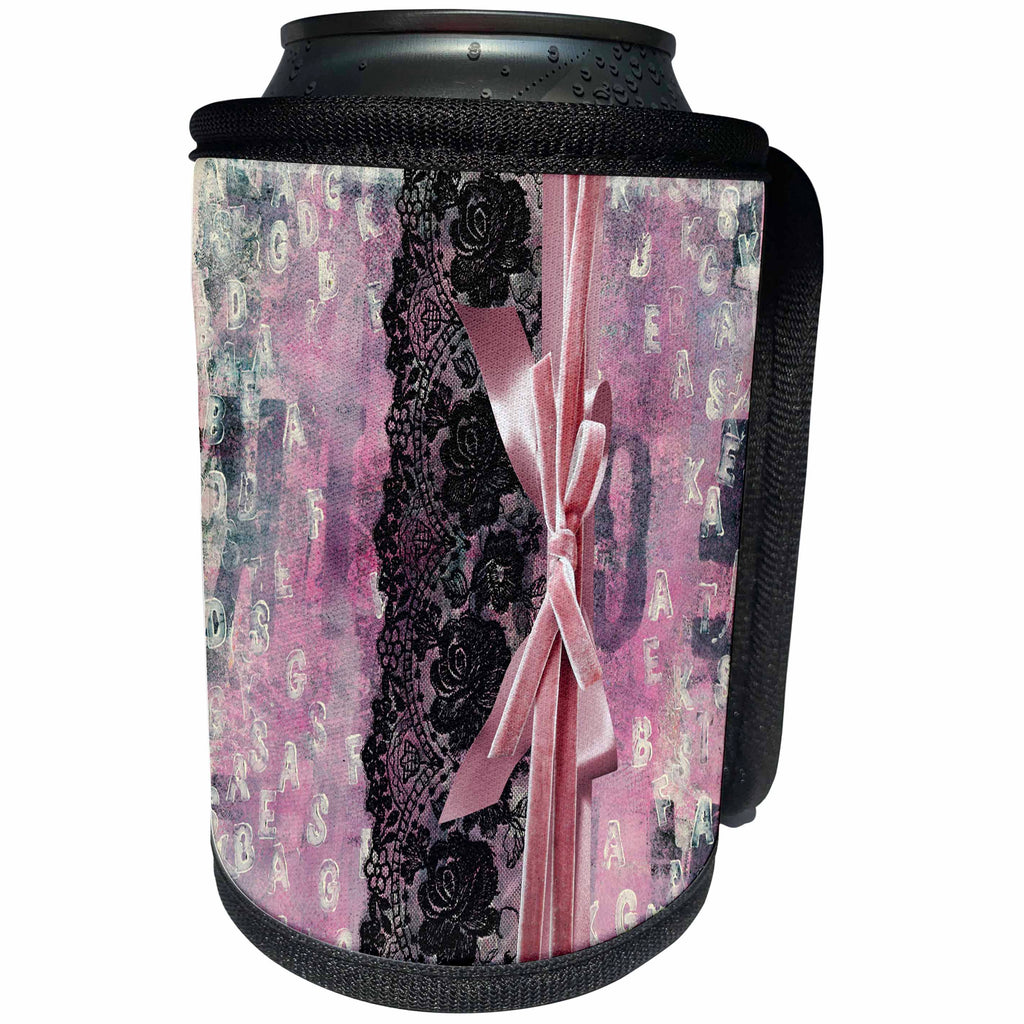 3dRose Uta Naumann Vintage Lace Collection - Black Floral Lace With Silk Ribbon On Pink Polka Dot Paper - Can Cooler Bottle Wrap (cc_267004)