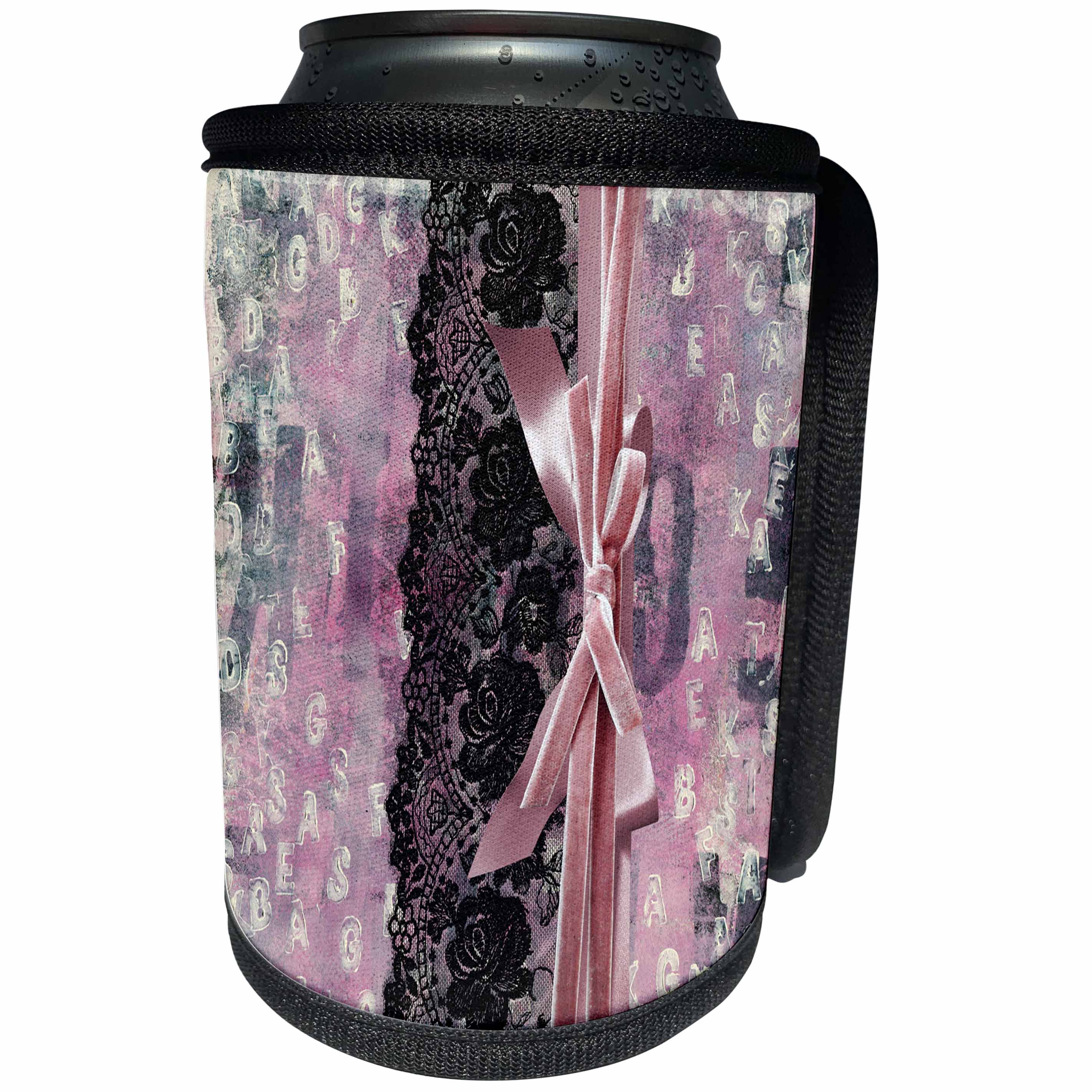 3dRose Uta Naumann Vintage Lace Collection - Black Floral Lace With Silk Ribbon On Pink Polka Dot Paper - Can Cooler Bottle Wrap (cc_267004)
