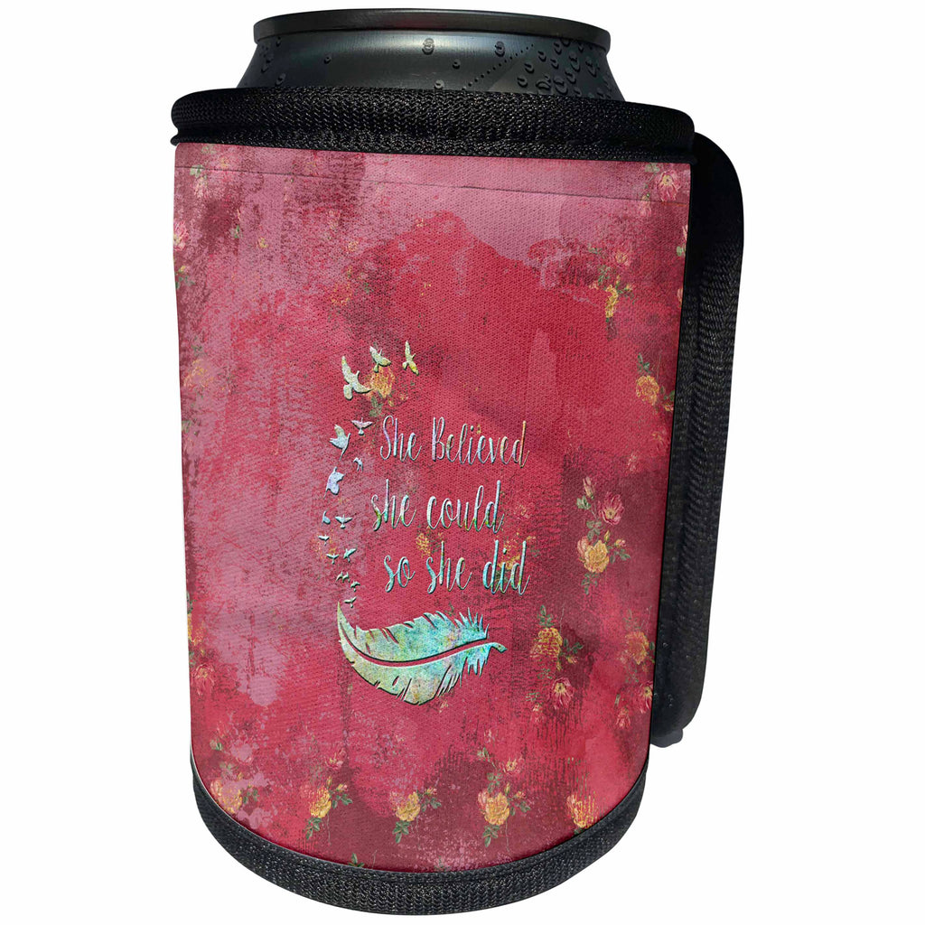 3dRose Uta Naumann Sayings and Typography - Inspirational Believe Quote On Red Floral Background - Can Cooler Bottle Wrap (cc_267007)