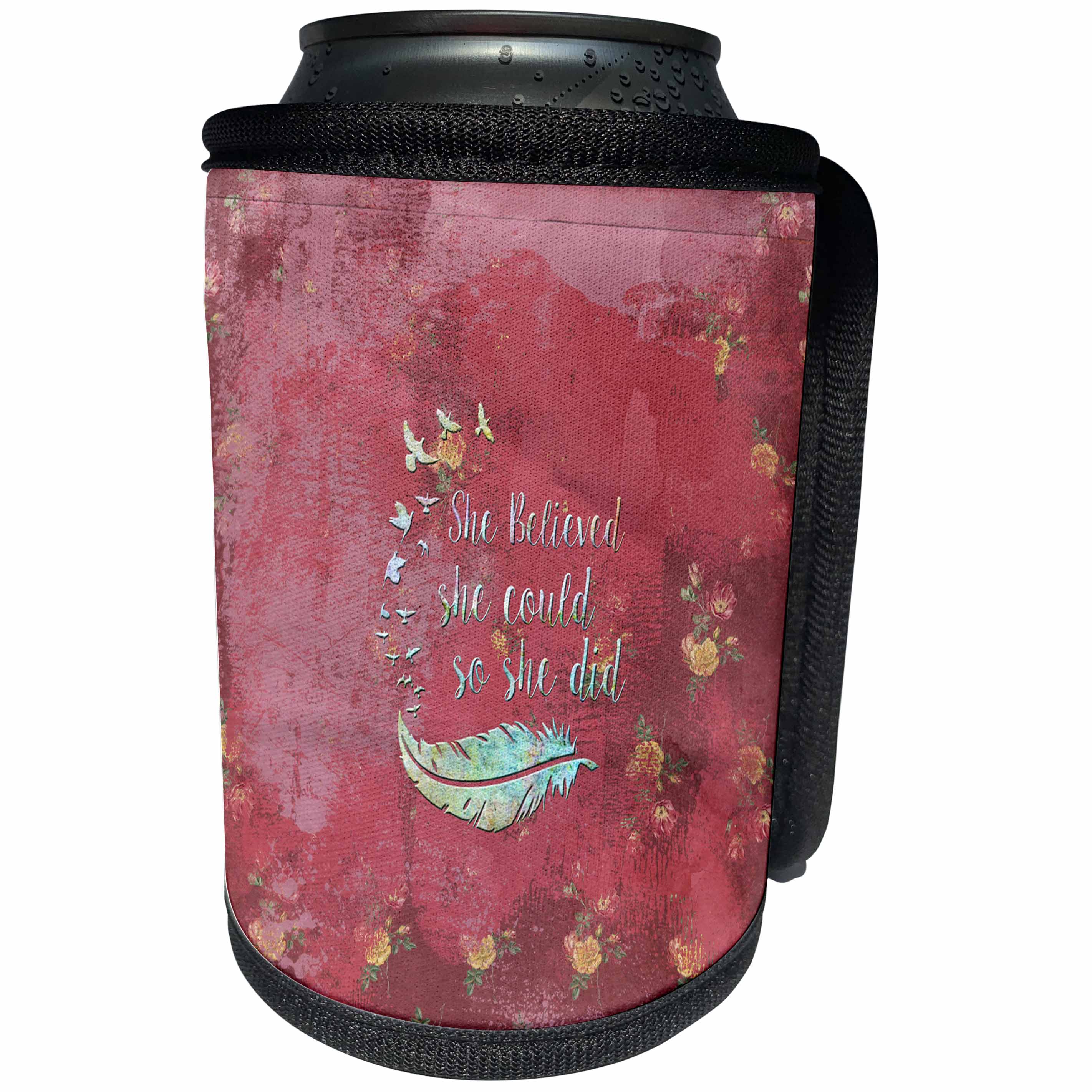 3dRose Uta Naumann Sayings and Typography - Inspirational Believe Quote On Red Floral Background - Can Cooler Bottle Wrap (cc_267007)