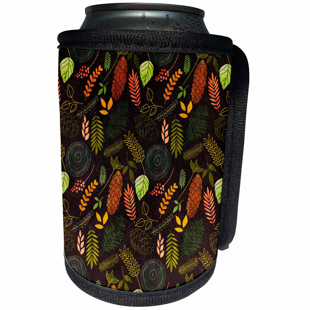 3dRose Uta Naumann Pattern - Trendy Autumnal Floral Pattern of Colorful Leaves and Pine Cones - Can Cooler Bottle Wrap (cc_267011)