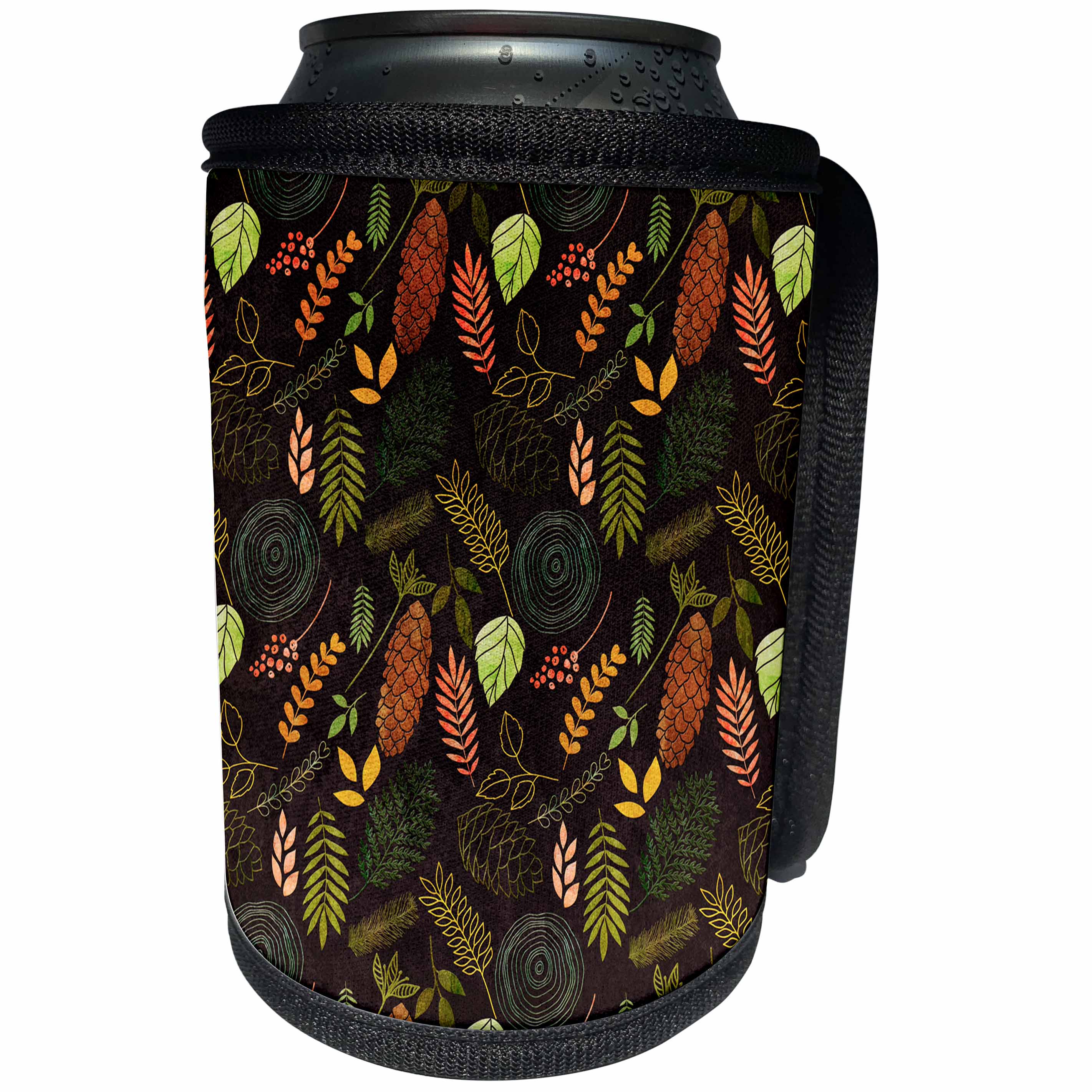 3dRose Uta Naumann Pattern - Trendy Autumnal Floral Pattern of Colorful Leaves and Pine Cones - Can Cooler Bottle Wrap (cc_267011)