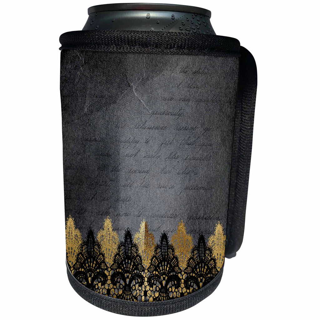 3dRose Uta Naumann Vintage Lace Collection - Black and Gold Lace On Grey Victorian Vintage Grunge Paper - Can Cooler Bottle Wrap (cc_267012)