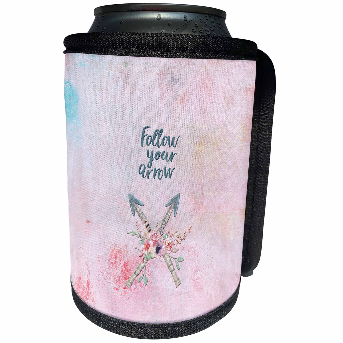 3dRose Uta Naumann Watercolor Illustration - Antler Arrows and Typography Illustration on Pink-Follow your Arrow - Can Cooler Bottle Wrap (cc_267021)