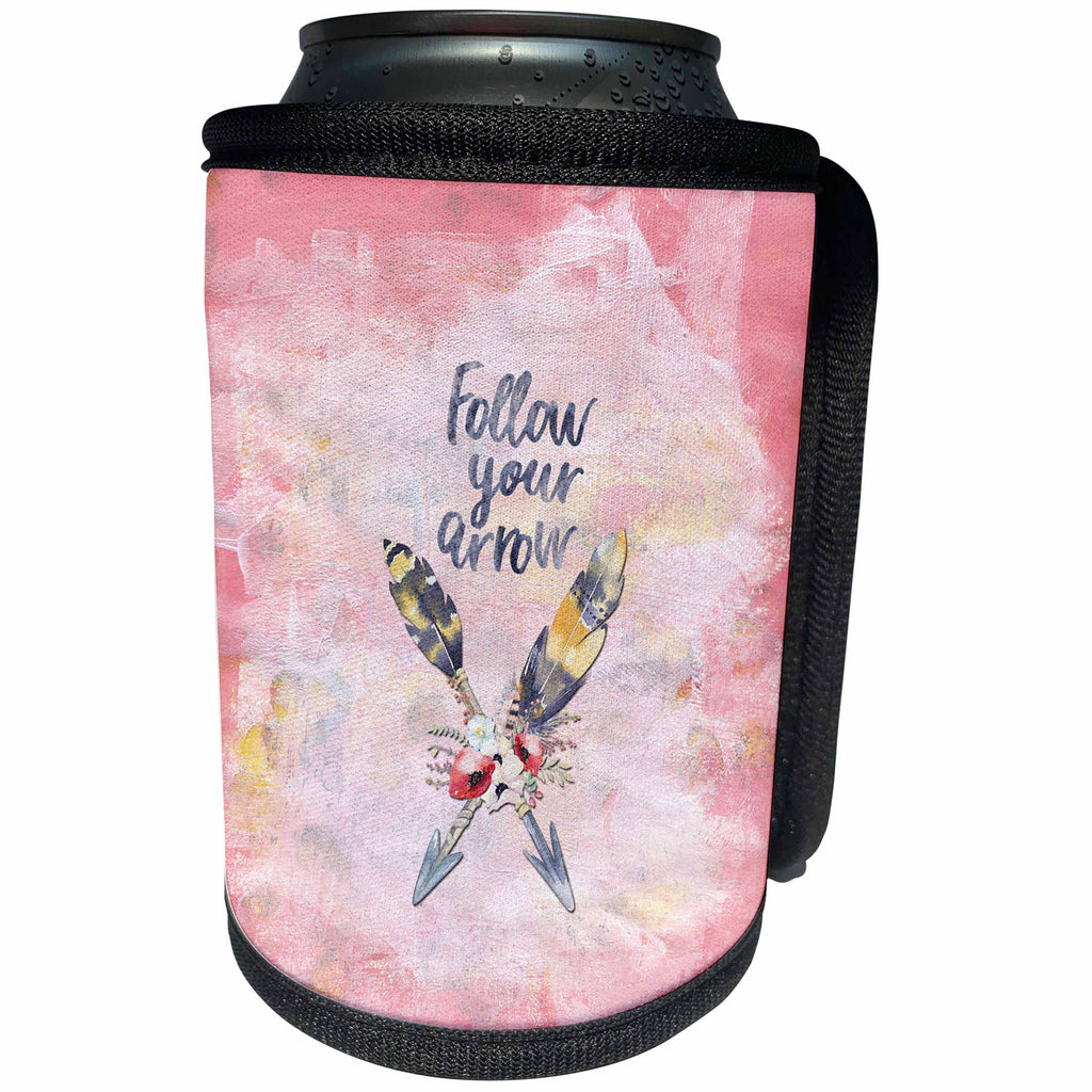 3dRose Uta Naumann Watercolor Illustration - Antlers Arrows and Typography Illustration on Pink-Follow your Arrow - Can Cooler Bottle Wrap (cc_267022)