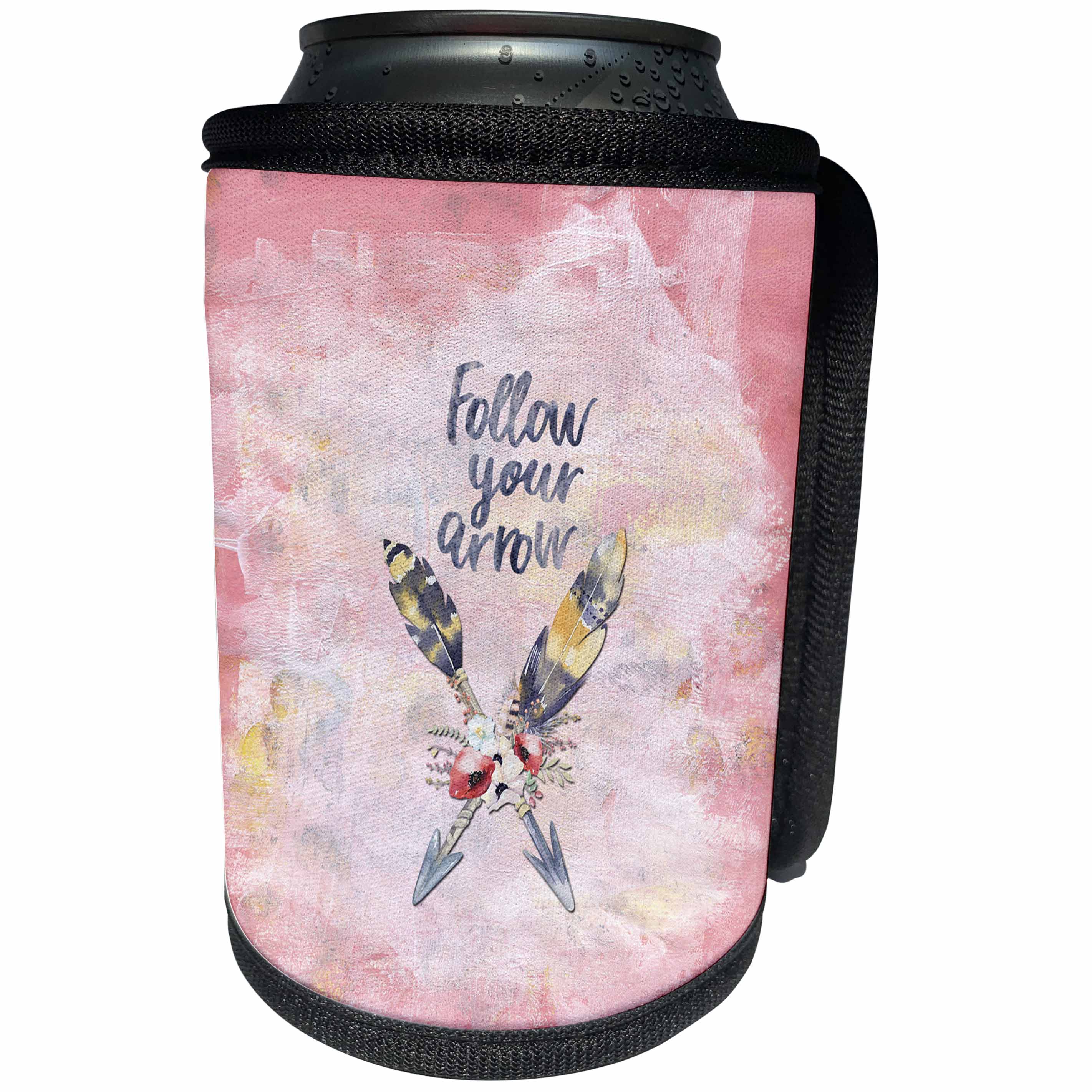 3dRose Uta Naumann Watercolor Illustration - Antlers Arrows and Typography Illustration on Pink-Follow your Arrow - Can Cooler Bottle Wrap (cc_267022)