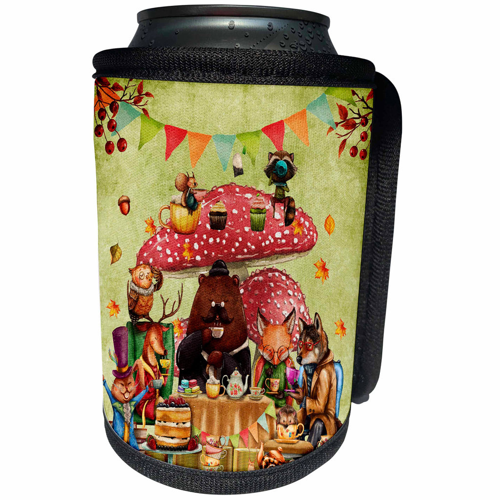 3dRose Uta Naumann Watercolor Illustration Animal - Woodland Furry Friends in Autumn have Teatime in Forest - Can Cooler Bottle Wrap (cc_267025)