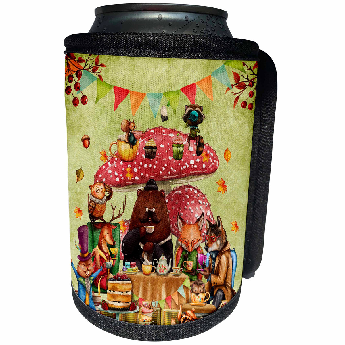 3dRose Uta Naumann Watercolor Illustration Animal - Woodland Furry Friends in Autumn have Teatime in Forest - Can Cooler Bottle Wrap (cc_267025)