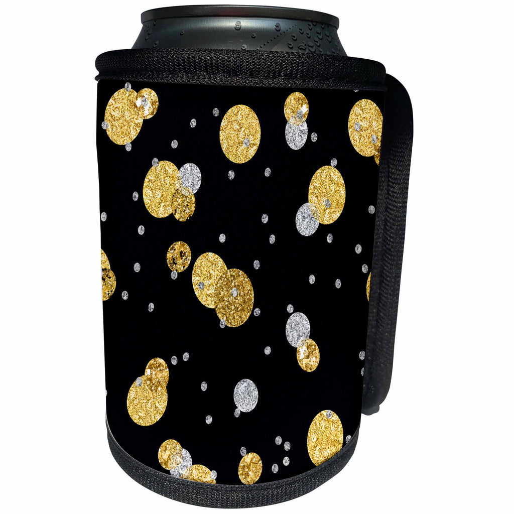 3dRose Uta Naumann Faux Glitter Pattern - Glitter Luxury Shiny Sparkle Gold Silver Polkadots on Black - Can Cooler Bottle Wrap (cc_267027)