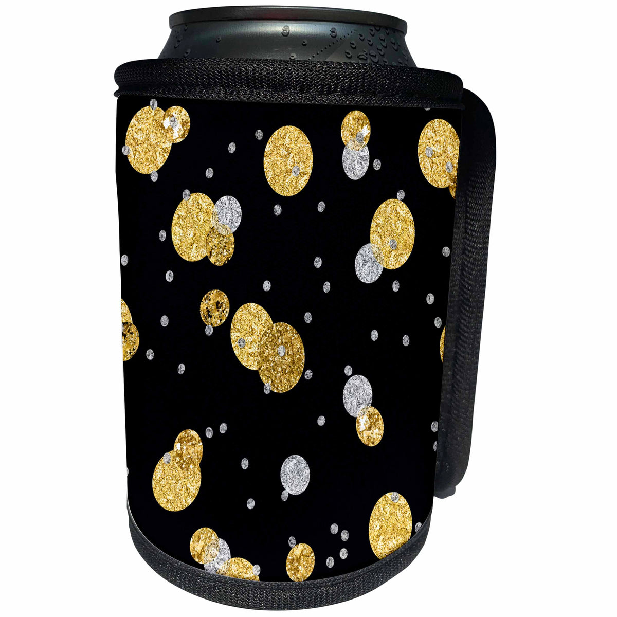 3dRose Uta Naumann Faux Glitter Pattern - Glitter Luxury Shiny Sparkle Gold Silver Polkadots on Black - Can Cooler Bottle Wrap (cc_267027)