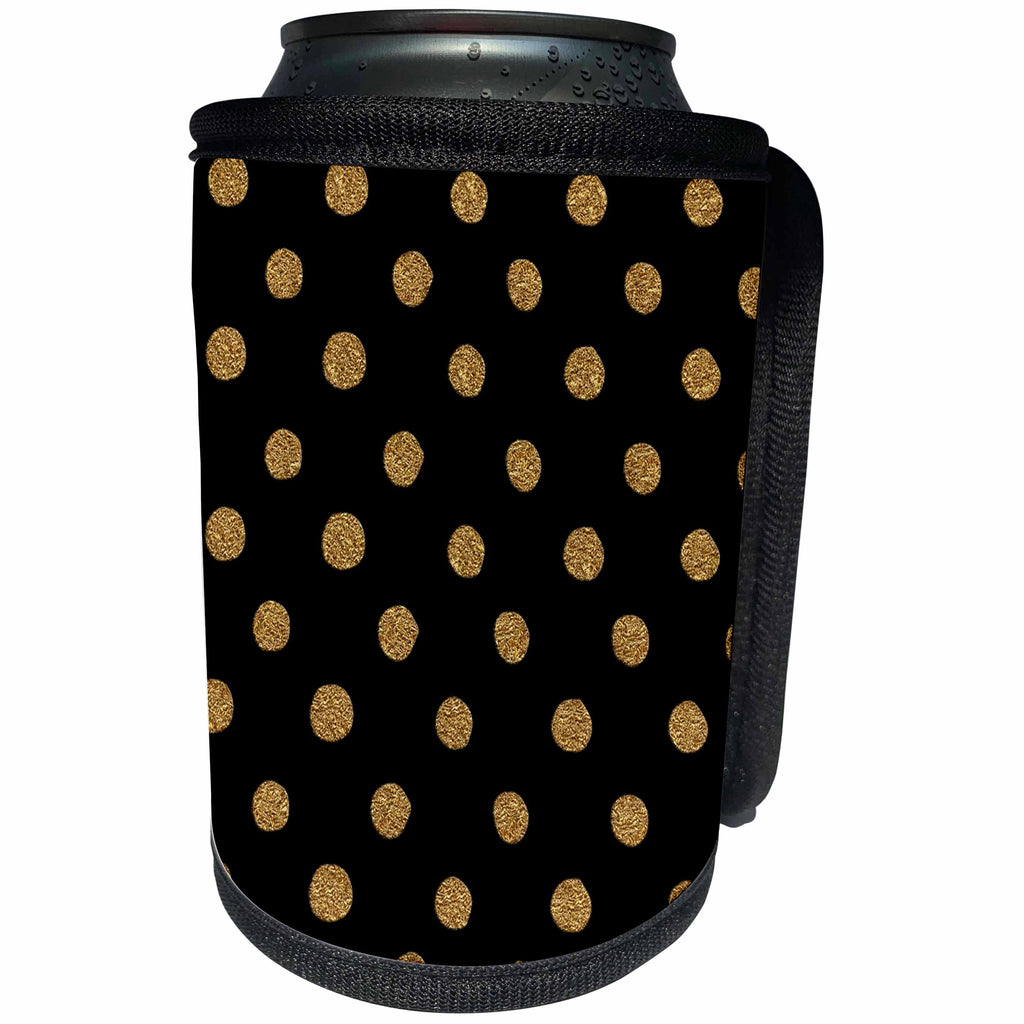 3dRose Uta Naumann Faux Glitter Pattern - Glitter Sparkle Shiny Gold Polkadots on Black - Can Cooler Bottle Wrap (cc_267028)
