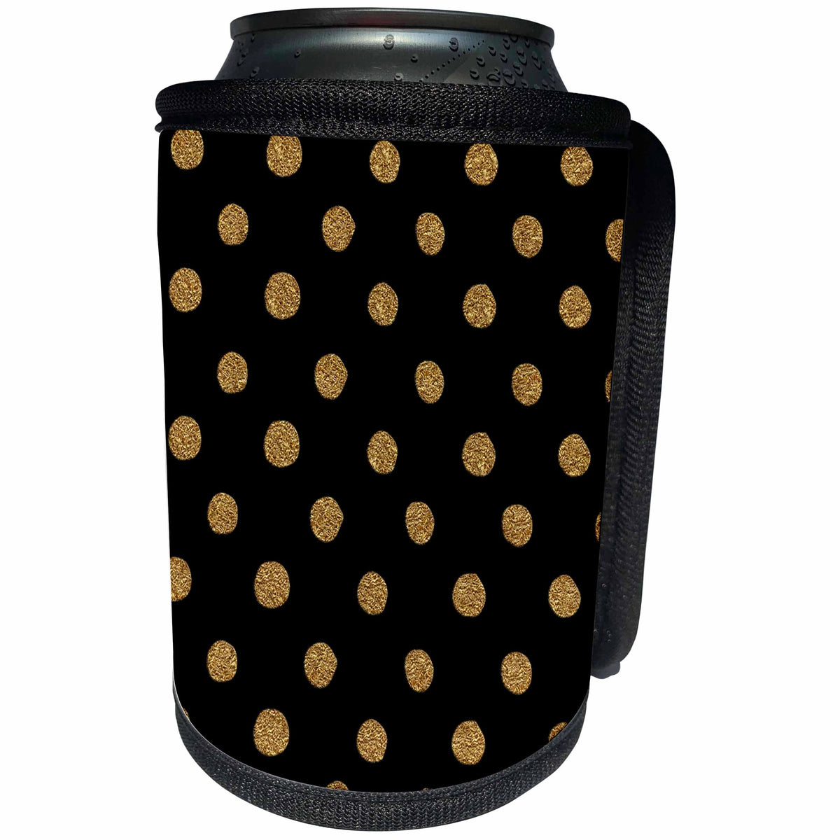 3dRose Uta Naumann Faux Glitter Pattern - Glitter Sparkle Shiny Gold Polkadots on Black - Can Cooler Bottle Wrap (cc_267028)