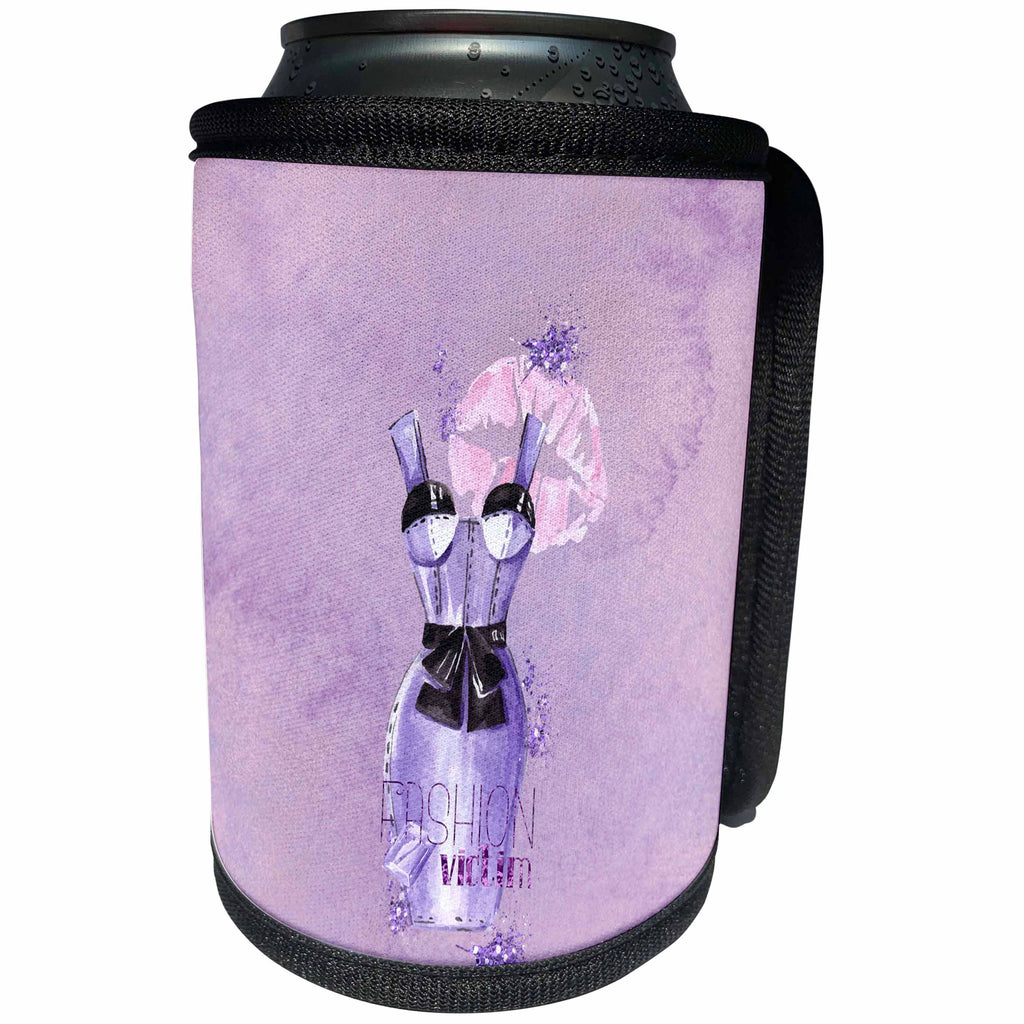 3dRose Uta Naumann Watercolor Illustration - Fashion Victim- Paris Luxury Purple Glittery Illustration - Can Cooler Bottle Wrap (cc_267030)