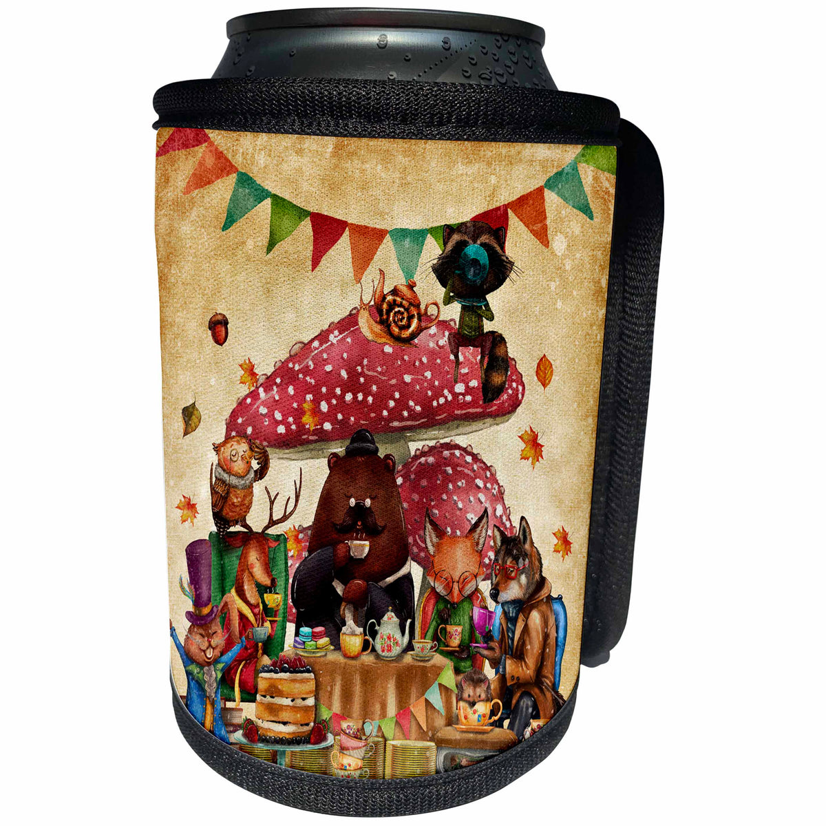3dRose Uta Naumann Watercolor Illustration Animal - Woodland Animal Friends in Autumn have Teatime in Forest - Can Cooler Bottle Wrap (cc_267035)