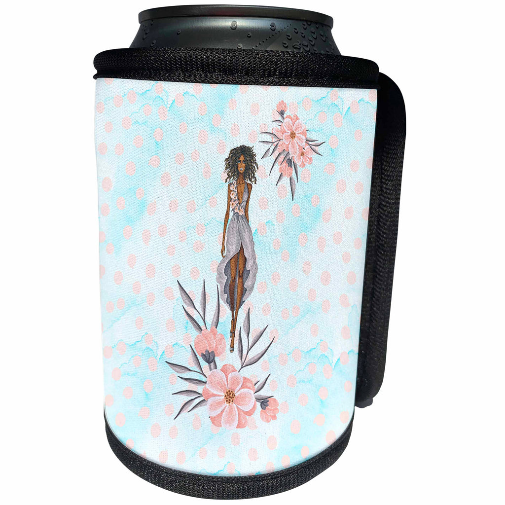 3dRose Uta Naumann Watercolor Illustration - Trendy Fashion Girl Watercolor Flower Illustration for Chic Girls - Can Cooler Bottle Wrap (cc_267052)