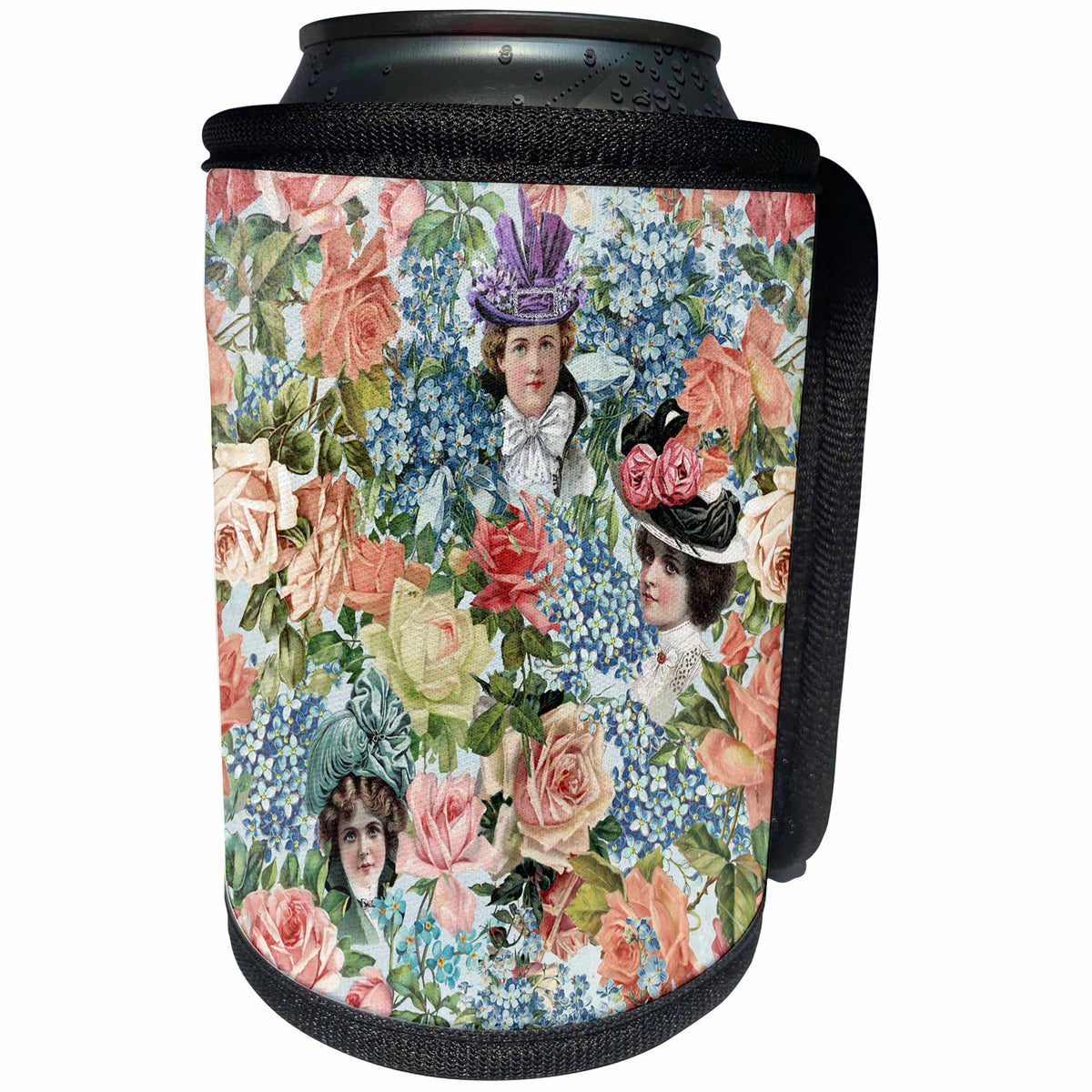 3dRose Uta Naumann Pattern - Pink Retro Woman Head Vintage Rose Flowers and Forget Me Not Pattern - Can Cooler Bottle Wrap (cc_267076)
