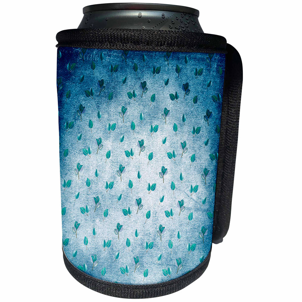 3dRose Uta Naumann Pattern - Blue and Teal Ombre Autumn Leaves Pattern - Can Cooler Bottle Wrap (cc_267079)