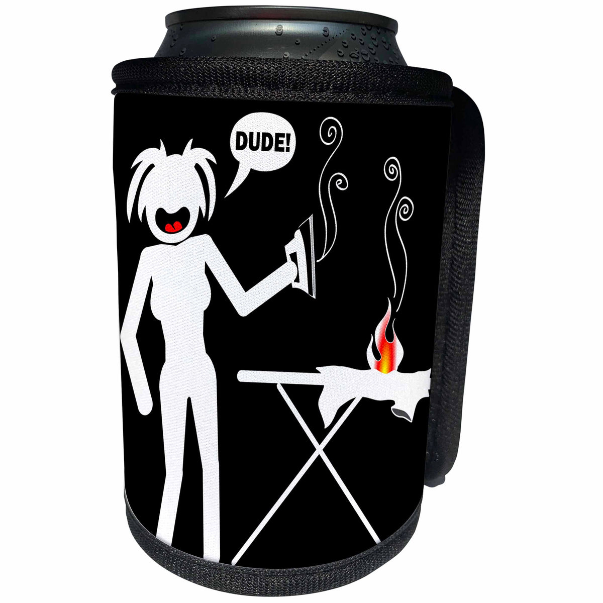 3dRose Mark Grace SCREAMNJENNY Wardrobe Malfunctions - WARDROBE MALFUNCTION ironing hazard 2 on black - Can Cooler Bottle Wrap (cc_26708)