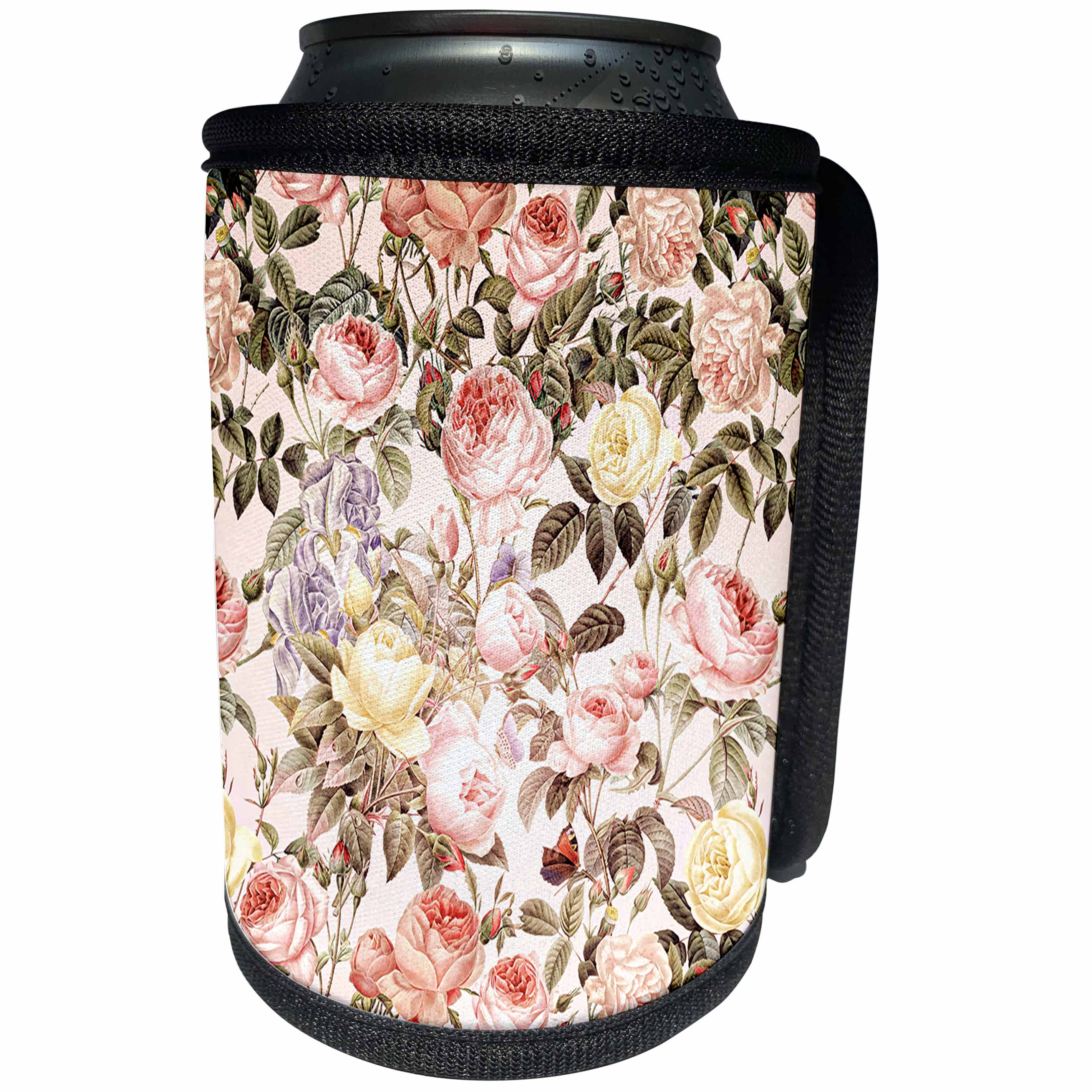 3dRose Uta Naumann Pattern - Pink and Yellow Retro Vintage Rose Flowers Pattern - Can Cooler Bottle Wrap (cc_267080)