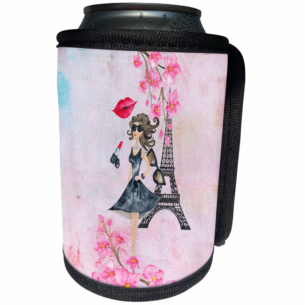 3dRose Uta Naumann Watercolor Illustration - Pink Trendy Fashion Girl Watercolor Flower Illustration for Chic Girls - Can Cooler Bottle Wrap (cc_267082)