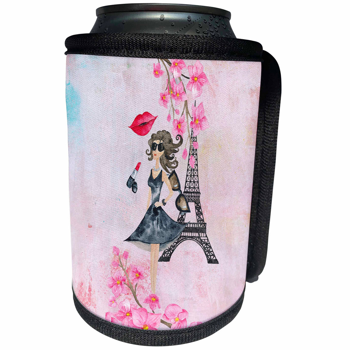 3dRose Uta Naumann Watercolor Illustration - Pink Trendy Fashion Girl Watercolor Flower Illustration for Chic Girls - Can Cooler Bottle Wrap (cc_267082)