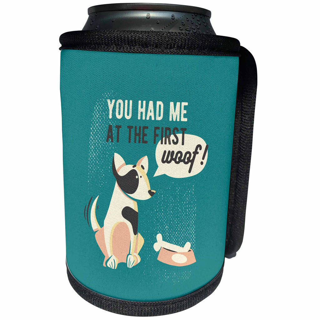 3dRose Uta Naumann Sayings and Typography - You Had Me at The First Woof- Funny Animal Dog Illustration Typography - Can Cooler Bottle Wrap (cc_267092)