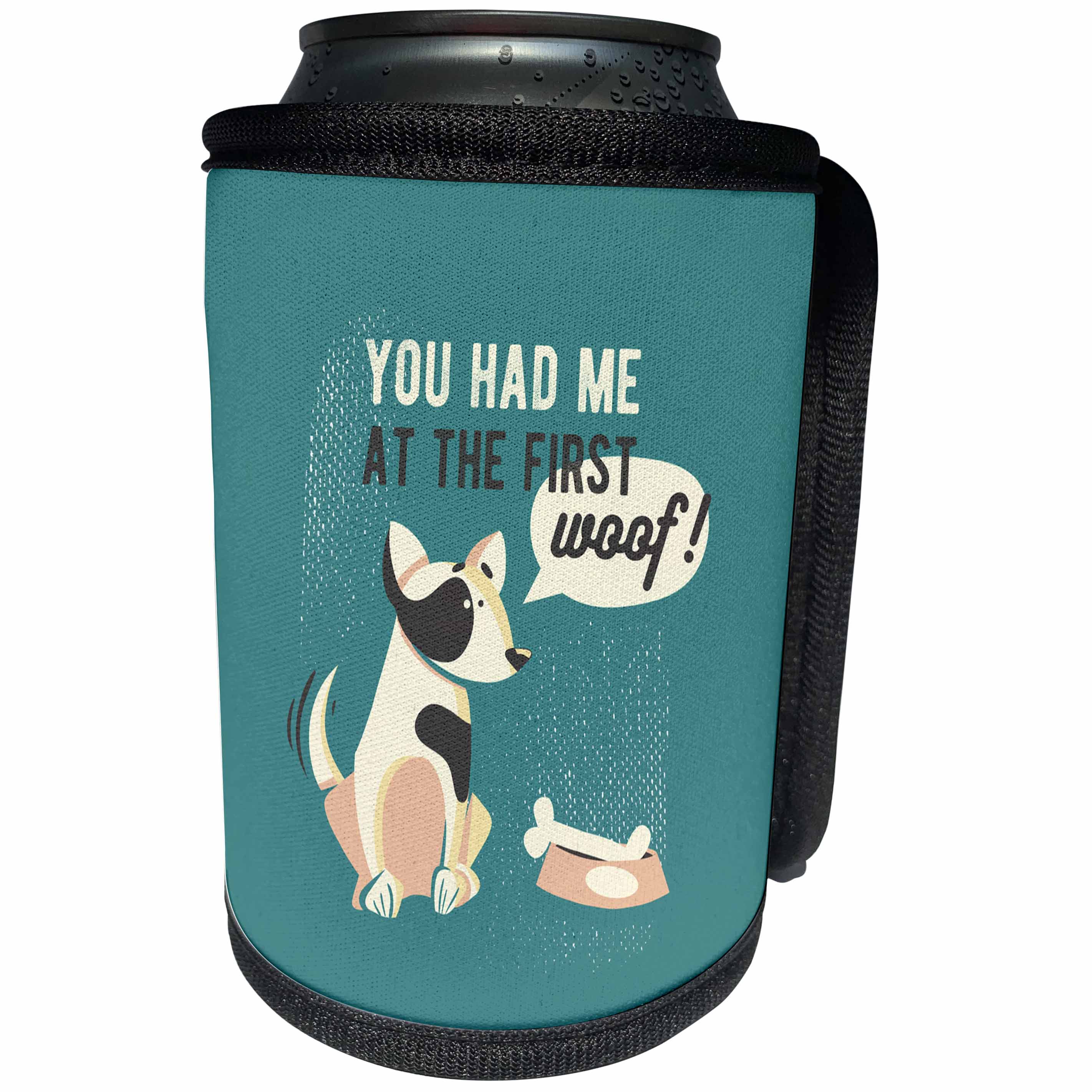 3dRose Uta Naumann Sayings and Typography - You Had Me at The First Woof- Funny Animal Dog Illustration Typography - Can Cooler Bottle Wrap (cc_267092)