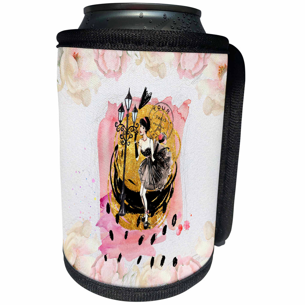 3dRose Uta Naumann Watercolor Illustration - Pink Gold Trendy Fashion Watercolor Paris Illustration for Chic Girls - Can Cooler Bottle Wrap (cc_267104)