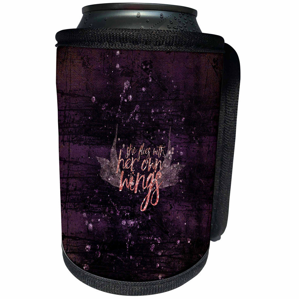 3dRose Uta Naumann Watercolor Illustration - She Flies With Her Own Wings-Purple Pink Faux Glitter Typography - Can Cooler Bottle Wrap (cc_267106)