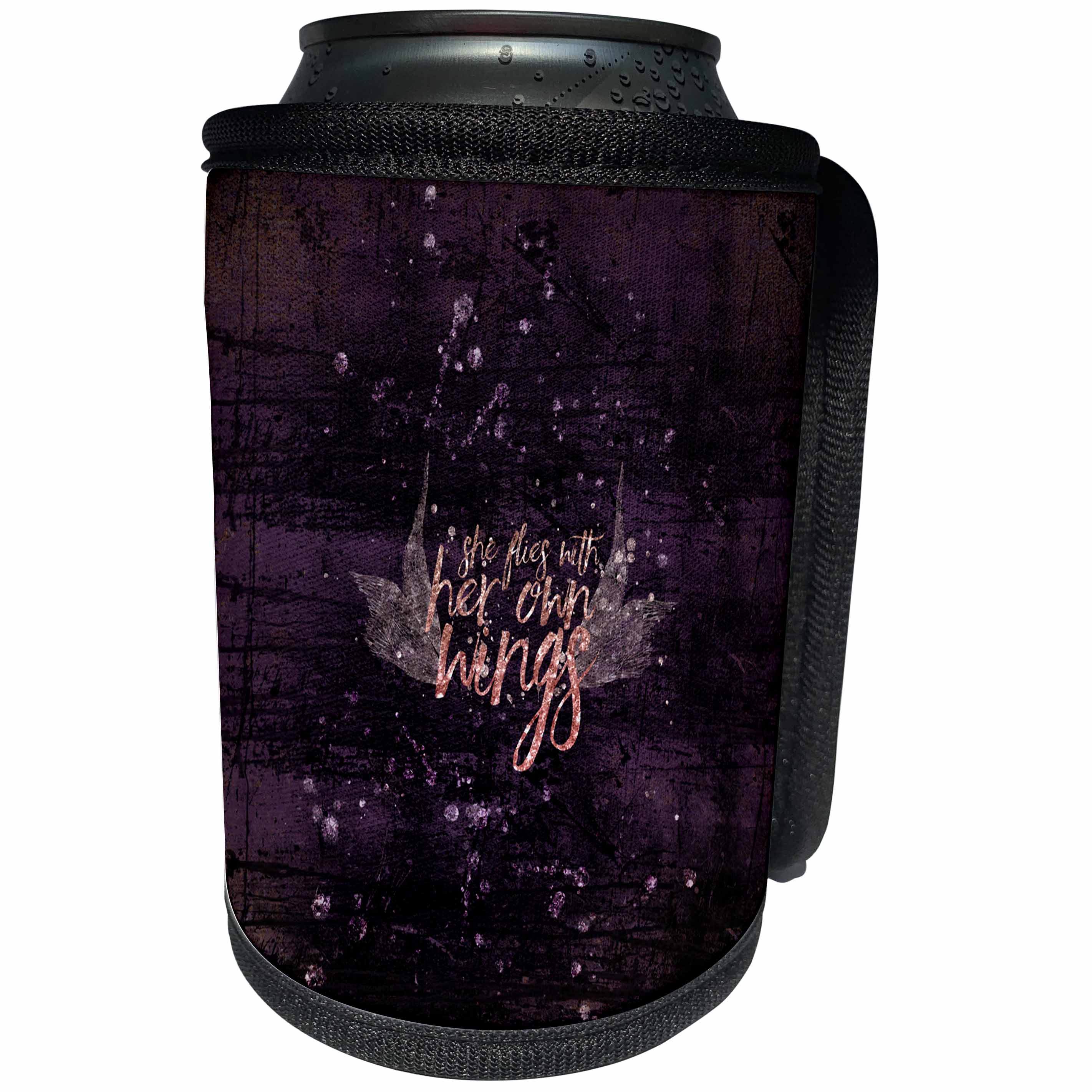 3dRose Uta Naumann Watercolor Illustration - She Flies With Her Own Wings-Purple Pink Faux Glitter Typography - Can Cooler Bottle Wrap (cc_267106)