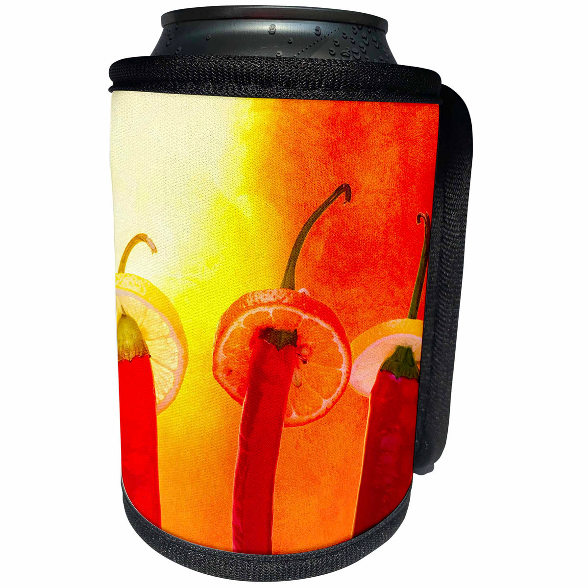 3dRose Alexis Photography - Food Chili Pepper - Red chili peppers in sombreros under hot sun. Hola amigo - Can Cooler Bottle Wrap (cc_267126)