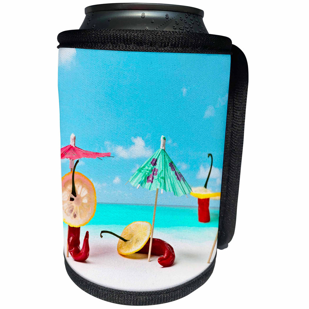 3dRose Alexis Photography - Food Chili Pepper - Red chili peppers by the sea. Happy beach hours. Funny scene - Can Cooler Bottle Wrap (cc_267127)
