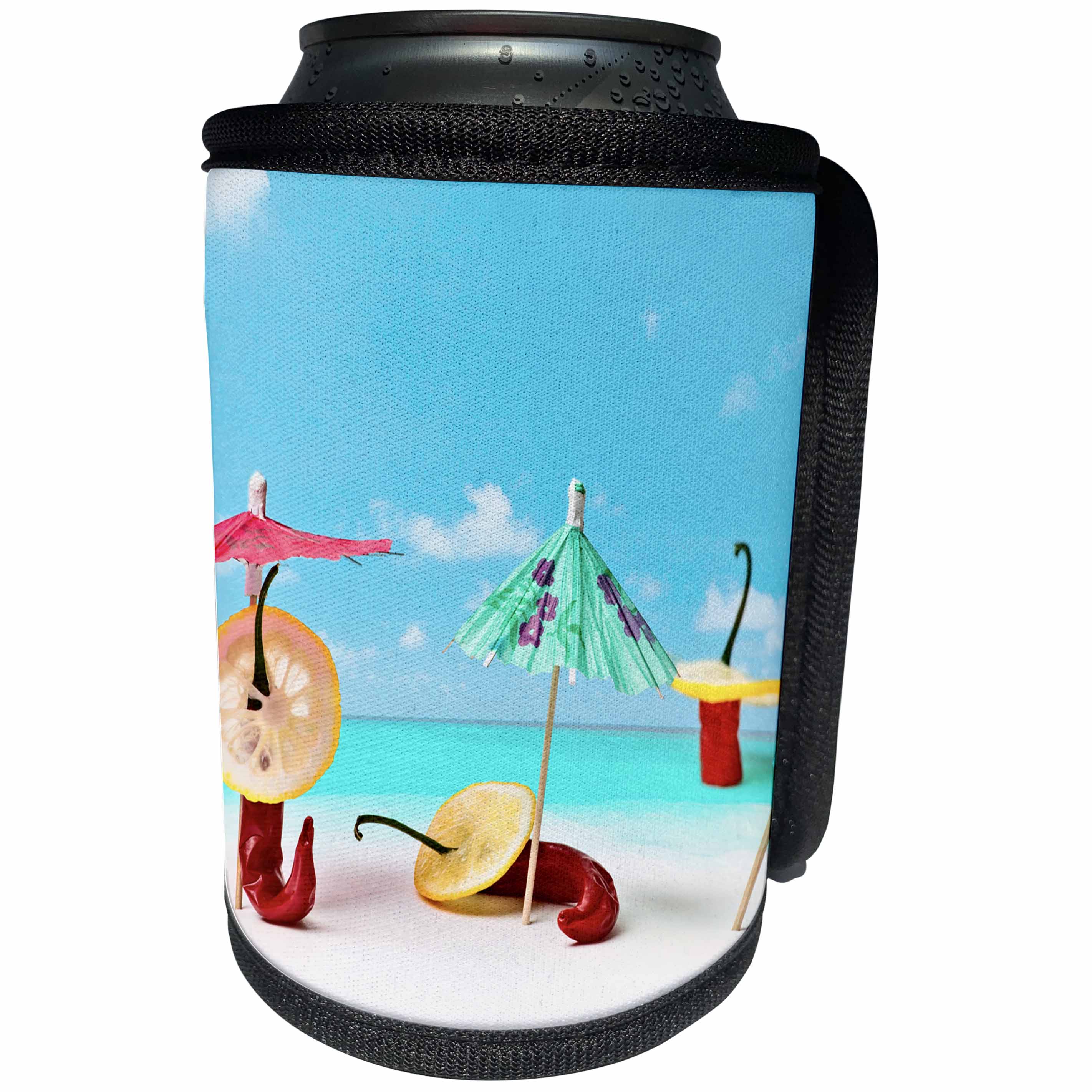 3dRose Alexis Photography - Food Chili Pepper - Red chili peppers by the sea. Happy beach hours. Funny scene - Can Cooler Bottle Wrap (cc_267127)