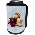 3dRose Alexis Photography - Food Onion - White, red, brown onions, silver color background - Can Cooler Bottle Wrap (cc_267131)