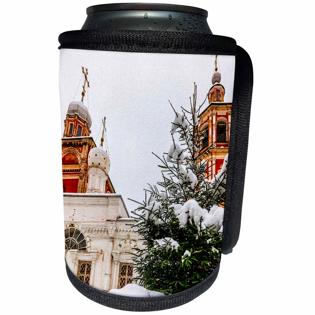 3dRose Alexis Photography - Moscow City - Moscow Christmas. Old church, spruce tree, snow, white sky - Can Cooler Bottle Wrap (cc_267141)