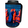 3dRose Alexis Photography - Objects - Water safety goes first. Orange life saving jackets on a blue wall - Can Cooler Bottle Wrap (cc_267156)