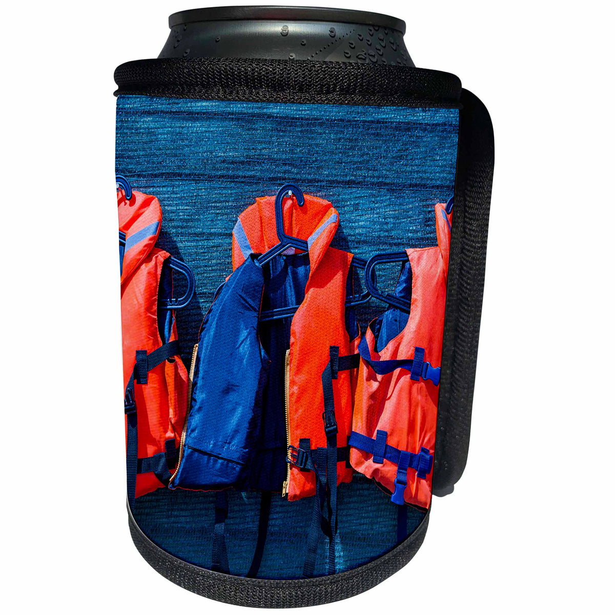 3dRose Alexis Photography - Objects - Water safety goes first. Orange life saving jackets on a blue wall - Can Cooler Bottle Wrap (cc_267156)