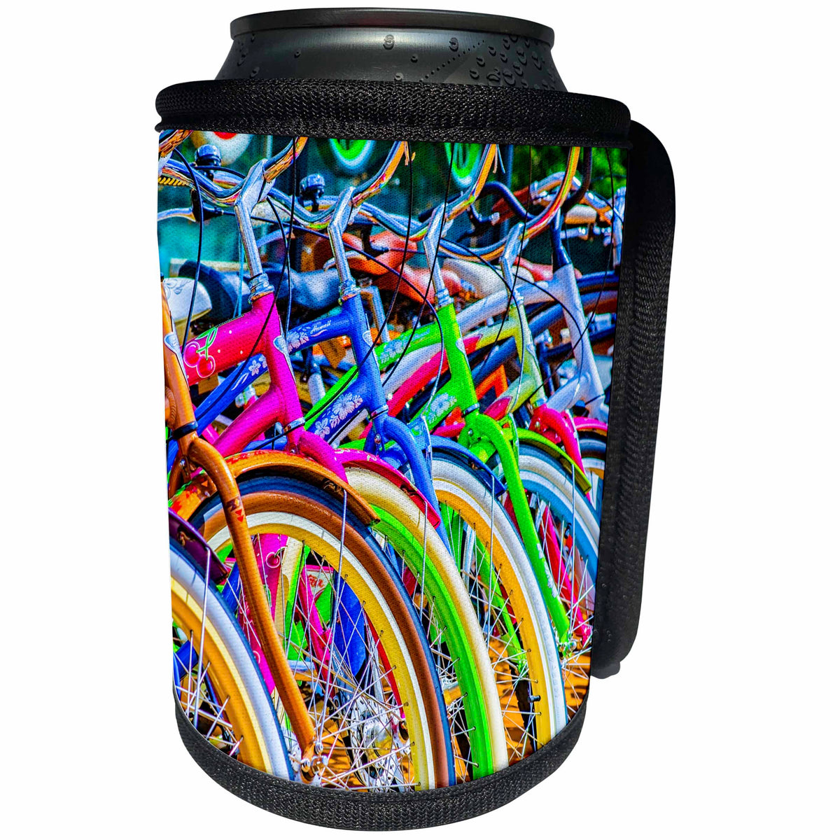 3dRose Alexis Photography - Transport Bike - Colorful bicycles in a row. Summer scene, warm colors - Can Cooler Bottle Wrap (cc_267188)