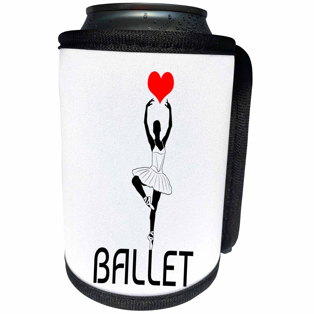 3dRose Alexis Design - Conceptual - Ballet text, ballerina silhouette, red heart, white background - Can Cooler Bottle Wrap (cc_267192)