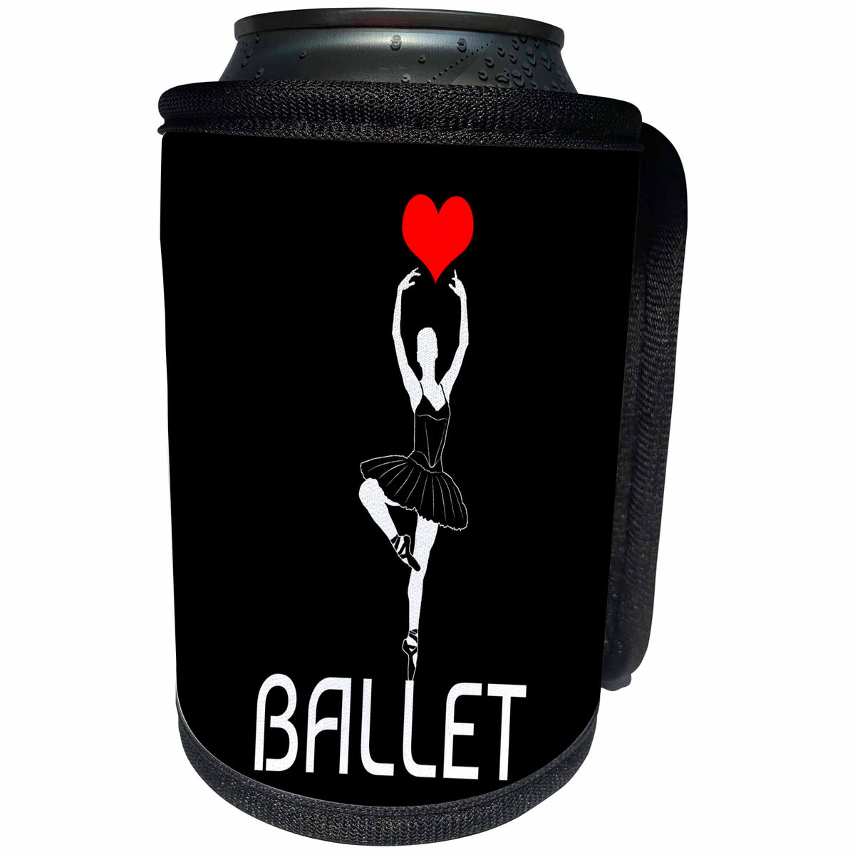 3dRose Alexis Design - Conceptual - Ballet text, ballerina silhouette, red heart, black background - Can Cooler Bottle Wrap (cc_267193)