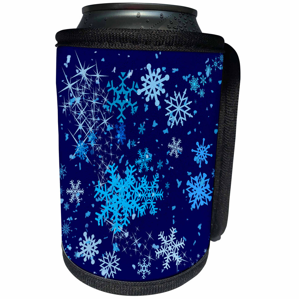 3dRose Alexis Design - Holidays Christmas - Christmas snowfall. Snowflakes, dark blue background - Can Cooler Bottle Wrap (cc_267202)