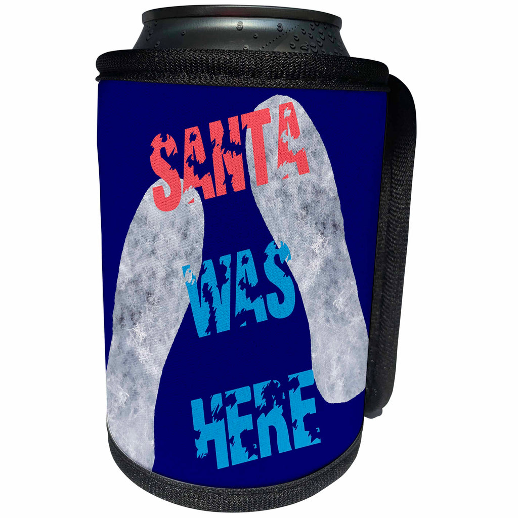 3dRose Alexis Design - Holidays Christmas - Santa Was Here text and snowy footsteps, dark blue background - Can Cooler Bottle Wrap (cc_267203)