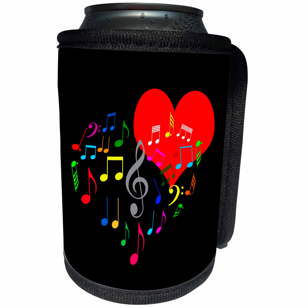 3dRose Alexis Design - Love - Singing Heart. Red heart and colorful music notes. Black background - Can Cooler Bottle Wrap (cc_267206)