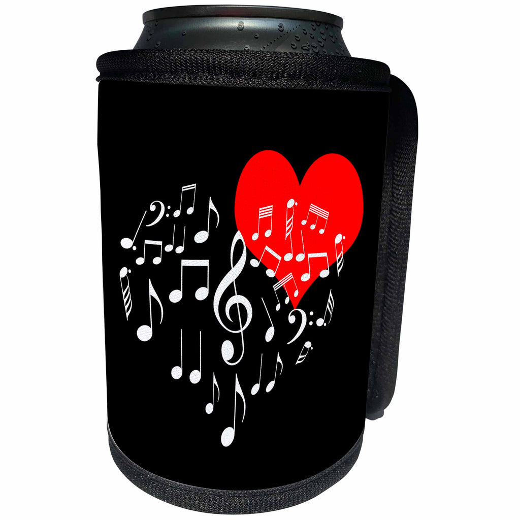 3dRose Alexis Design - Love - Singing Heart. Red heart and white music notes. Black background - Can Cooler Bottle Wrap (cc_267208)