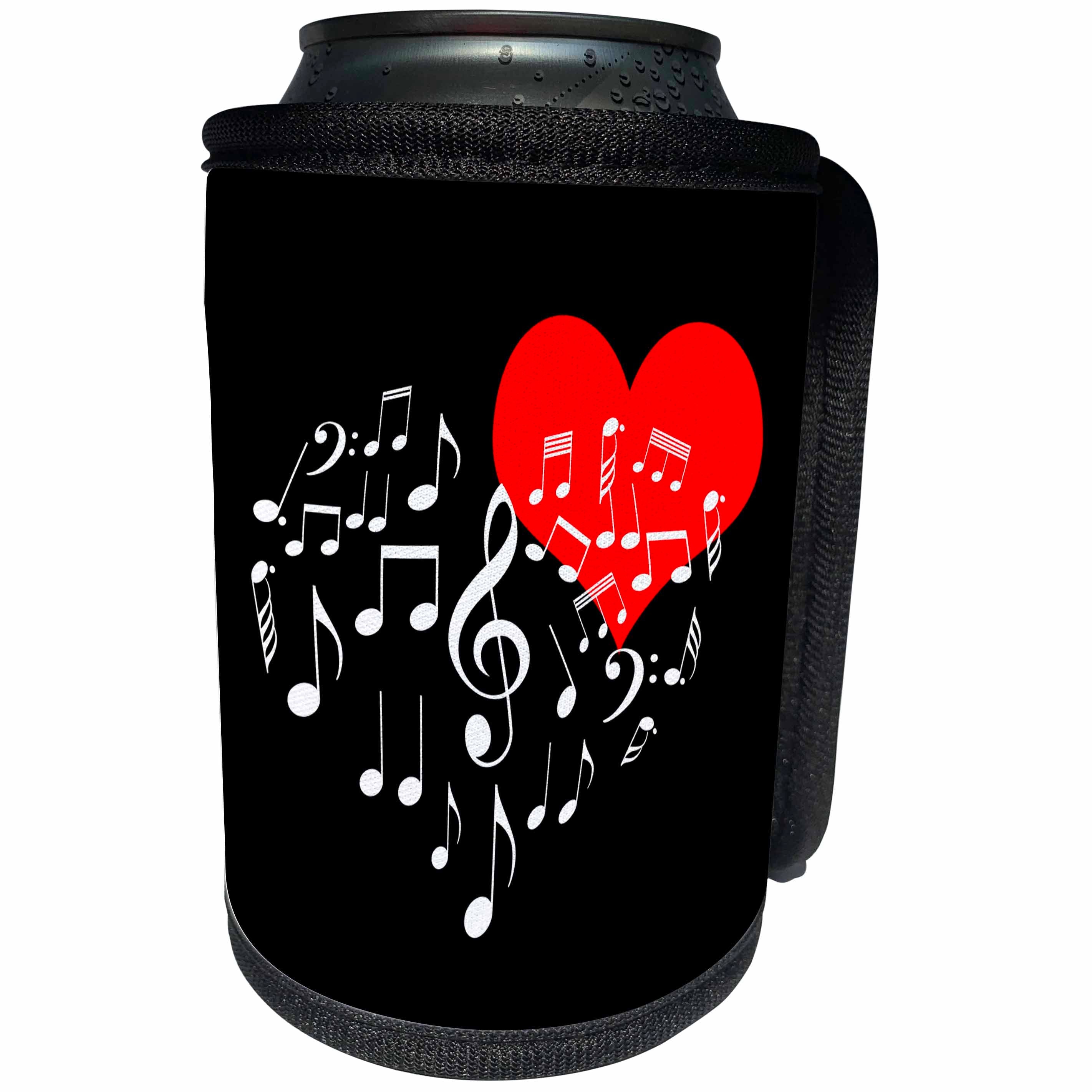 3dRose Alexis Design - Love - Singing Heart. Red heart and white music notes. Black background - Can Cooler Bottle Wrap (cc_267208)