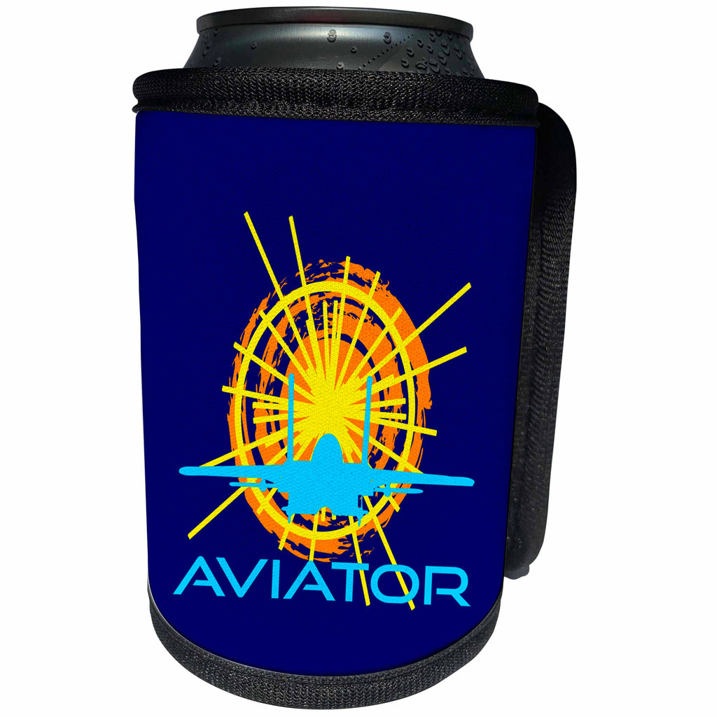 3dRose Alexis Design - Transport - Aviator. Sun, aircraft silhouette, text aviator. Dark blue background - Can Cooler Bottle Wrap (cc_267209)