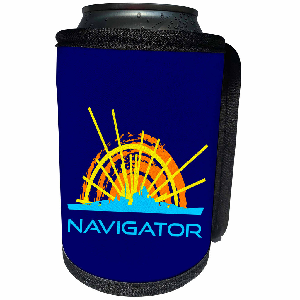 3dRose Alexis Design - Transport - Navigator. Sun, ship silhouette, text navigator. Dark blue background - Can Cooler Bottle Wrap (cc_267211)
