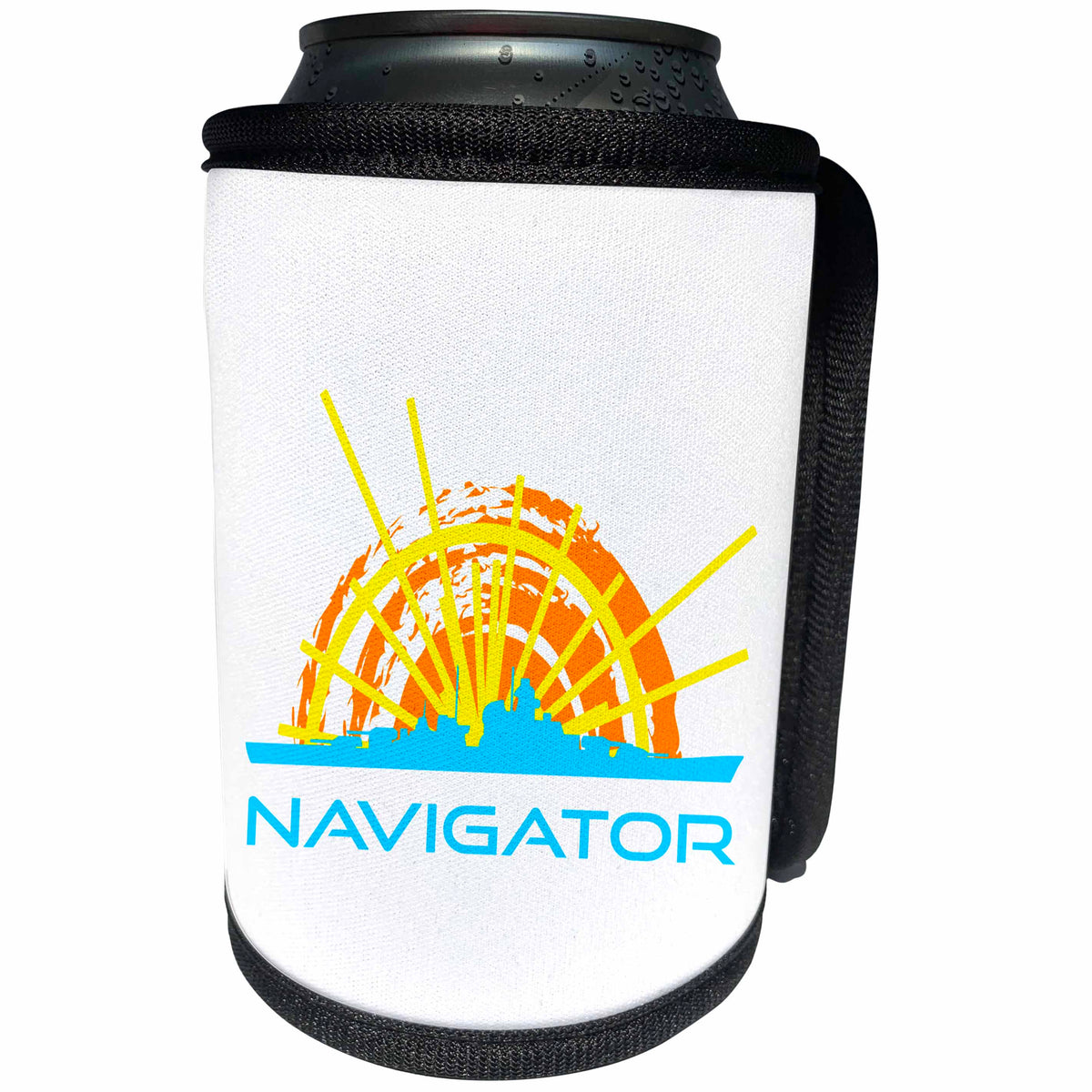 3dRose Alexis Design - Transport - Navigator. Sun, ship silhouette, text navigator. White background - Can Cooler Bottle Wrap (cc_267212)