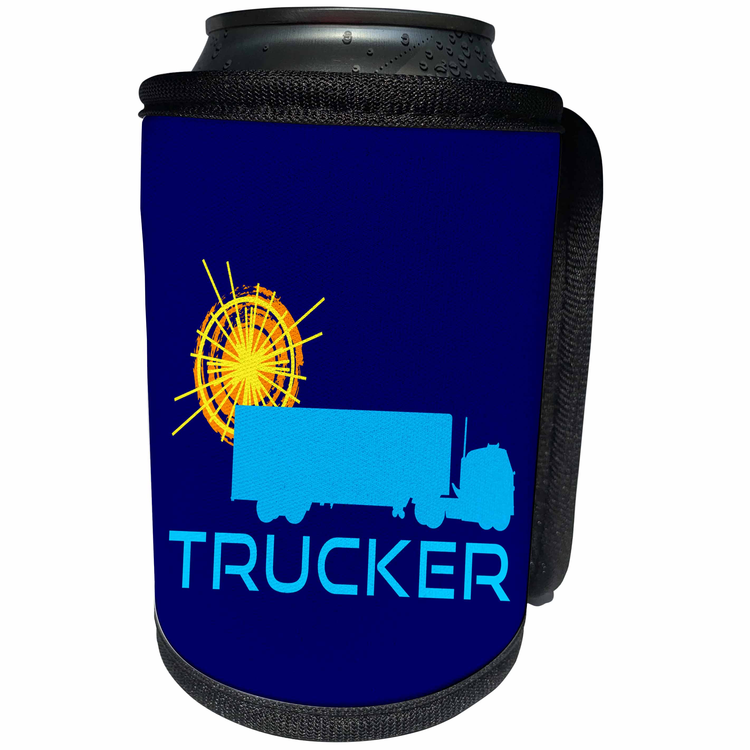 3dRose Alexis Design - Transport - Trucker. Sun, truck image, text trucker. Dark blue background - Can Cooler Bottle Wrap (cc_267213)